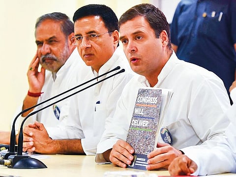 Congress President Rahul Gandhi addresses a press conference at the party headquarters in New Delhi yesterday, ahead of the fifth phase of the Lok Sabha polls.