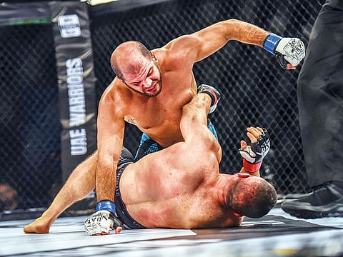 Tarek Suleiman of Syria dominates en route to his victory over Britain’s Oli Thompson in the light heavyweight category.