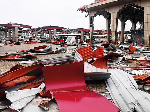 Debris litters the floor at a bus stand in Puri on May 5, 2019, after Cyclone Fani swept through the area.