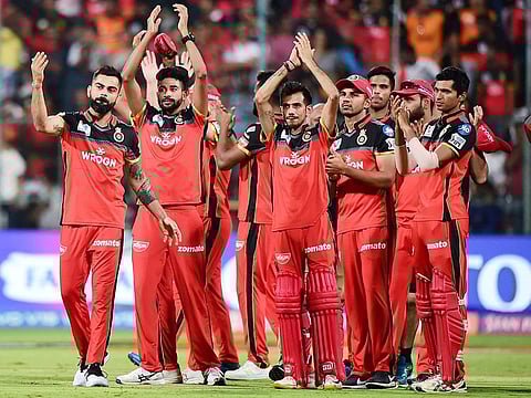 Virat Kohli with team mates acknowledge the crowd after team's victory during the IPL match between Royal Challengers Bangalore (RCB) and Sunrisers Hyderabad (SRH) at Chinnaswamy Stadium in Bengaluru, Saturday, May 4, 2019.