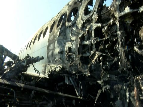 A burnt-out Aeroflot Sukhoi Superjet 100 passenger plane following an incident at Moscow's Sheremetyevo airport, Russia.