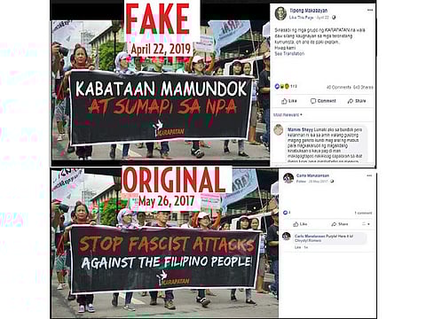 The fake, altered image (top) shared on Facebook in April 22, 2019, calls upon Filipino youth to join armed communist rebels. The original post (below), shared in May 2017, bears a different message.