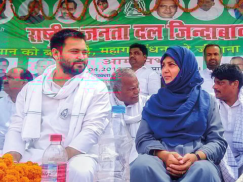 Tejashwi Yadav with Hina Shahab, RJD candidate from Siwan and wife of party’s convicted leader Mohammad Shahabuddin, during an election campaign rally in Siwan.