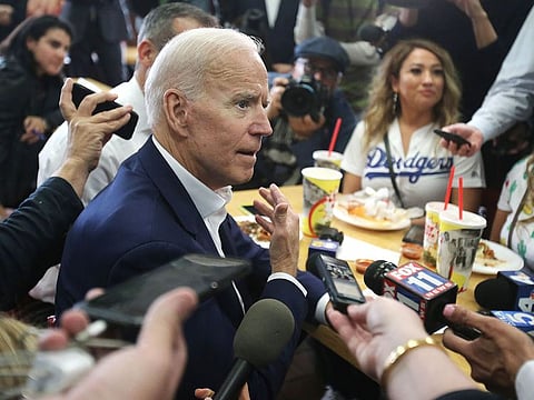 Former Vice President and Democratic presidential candidate Joe Biden speaks to reporters after eating at a taco restaurant on May 8, 2019 in Los Angeles, California.