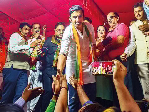 BJP East-Delhi candidate Gautam Gambhir, during a poll meeting in New Delhi. AAP candidate Atishi Marlena blamed Gambhir of having a hand in distributing ‘derogatory pamphlets’.