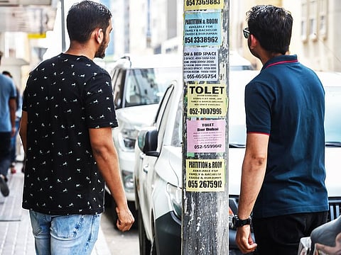 Residents check out flyers and adverts for apartments and rooms to rent in Bur Dubai. A drop in prices is attracting an increasing number of people to the area.