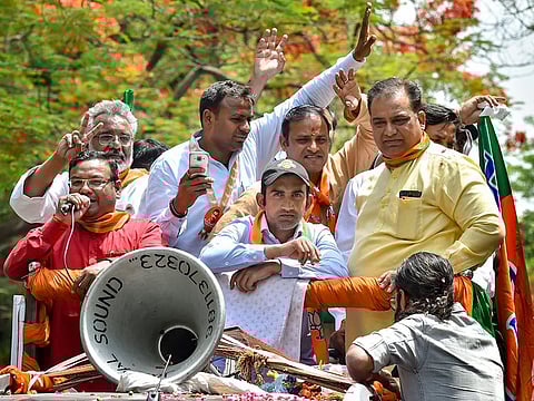 Bharatiya Janata Party (BJP)’s East-Delhi parliamentary candidate Gautam Gambhir with party leaders during an election campaign rally, in New Delhi on Friday.