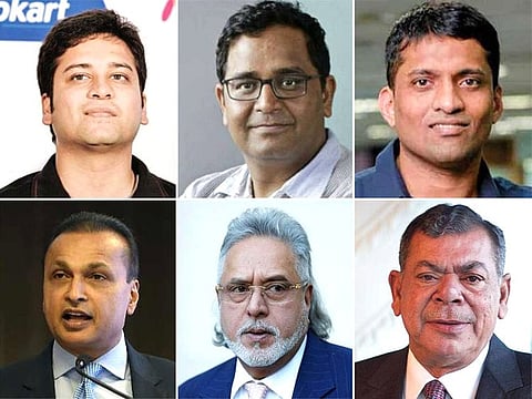 Indian tycoons old and new (clockwise from top, left): Binny Bansal, Vijay Shekhar Sharma, Byju Raveendran, Shashi Ruia, Vijay Mallya and Anil Ambani. While old business clans continue to dominate India’s rich lists, a tenfold expansion in its economy since its opening in the 1990s has spawned new tycoons in fields like technology.
