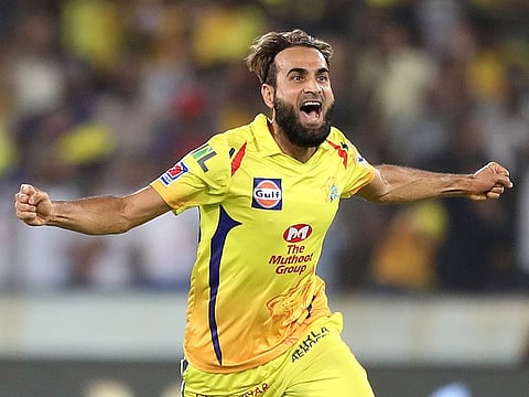 Chennai super Kings' Imran Tahir celebrates the dismissal of Mumbai Indian's Ishan Kishan.