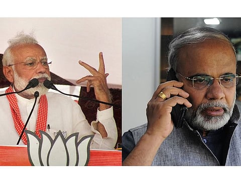 Narendra Modi (left) and his lookalike Abhinandan Pathak