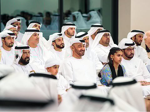 Shaikh Mohammad Bin Zayed attends the lecture at his majlis on Monday.
