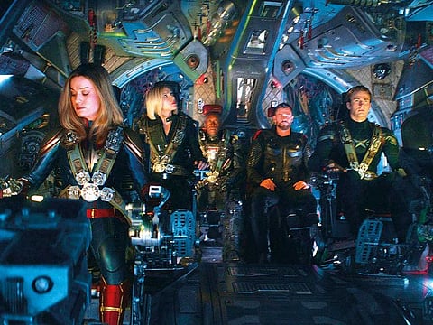 Brie Larson, Scarlett Johansson, Don Cheadle, Chris Hemsworth and Chris Evans in ‘Avengers: Endgame’.