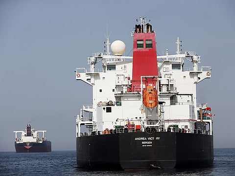A damaged Andrea Victory ship is seen off the Port of Fujairah.
