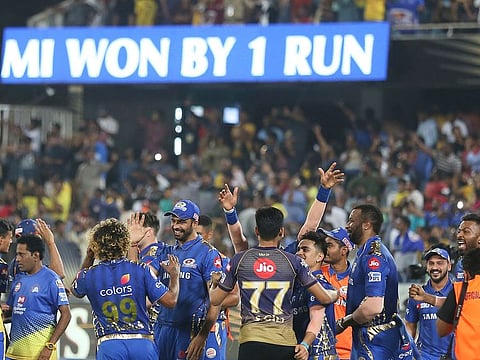Members of Mumbai Indians celebrate after their win in the IPL final against Chennai Super Kings in 2019.