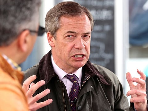 Brexit Party leader Nigel Farage gestures during a Brexit Party campaign event in Hartlepool, Britain, May 11, 2019.