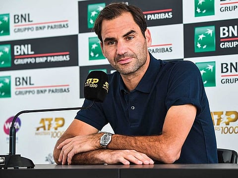 Roger Federer of Switzerland looks on during a press conference at the ATP Masters tennis tournament at the Foro Italico in Rome on May 14, 2019.