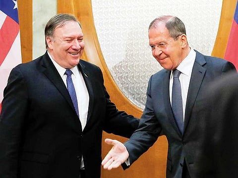 Russian Foreign Minister Sergey Lavrov welcomes US Secretary of State Mike Pompeo for the talks in the Black Sea resort city of Sochi, Russia, May 14, 2019.