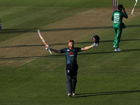 England's Jonny Bairstow celebrates reaching his century.