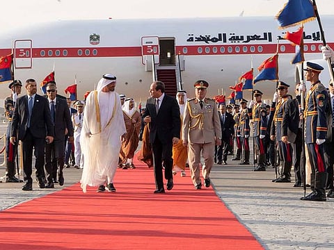 Shaikh Mohammad Bin Zayed Al Nahyan being welcomed at the Cairo International Airport by Egyptian President Abdul Fatah Al Sisi