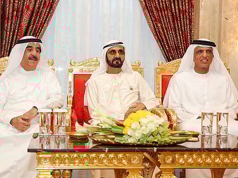 Shaikh Mohammad Bin Rashid with Shaikh Saud Bin Rashid Al Mu'alla and Shaikh Saud Bin Saqr Al Qasimi