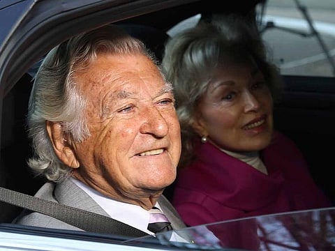 In this Sept. 2013, file photo, former Australian Prime Minister Bob Hawke, left, and his wife Blanche d'Alpuget arrive at the Australian Labor Party's campaign launch in Brisbane, Australia.