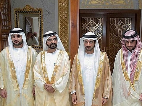 His Highness Shaikh Mohammad Bin Rashid Al Maktoum, Vice-President and Prime Minister of the UAE and Ruler of Dubai, with his three sons on the wedding day.