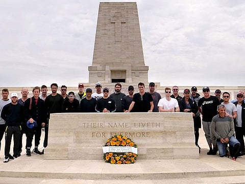 World Cup-bound Australian team at the War Memorial at Gallipoli.