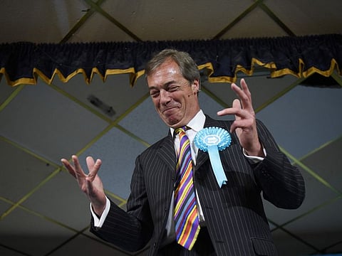 Brexit Party leader Nigel Farage speaks at a European Parliament election campaign event in Pontefract, northwest England, on May 13, 2019.