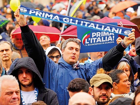 People attend a rally organised by League leader Matteo Salvini, with leaders of other European nationalist parties, ahead of the May 23-26 European Parliamentary elections.