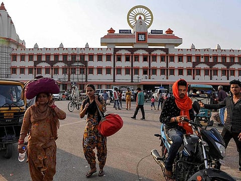 Pilgrims arriving at Varanasi railway station.
