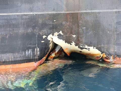The damaged Andrea Victory is seen off the Port of Fujairah.