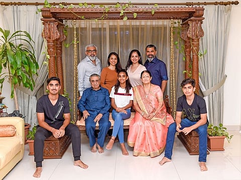 Pitamber Nagji Parmar with wife Vijaya, their sons, daughter in laws and grand children.