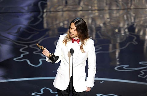 Actor Jared Leto accepts the Best Performance by an Actor in a Supporting Role award for 'Dallas Buyers Club' during the Oscars at the Dolby Theatre on March 2, 2014 in Hollywood, California.