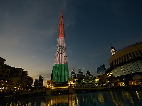 Burj Khalifa in the colours of the Indian flag.