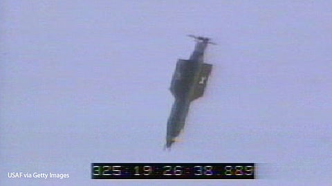 In this US Air Force handout, a GBU-43/B bomb, or Massive Ordnance Air Blast (MOAB) bomb, is launched November 21, 2003 at Eglin Air Force Base, Florida.