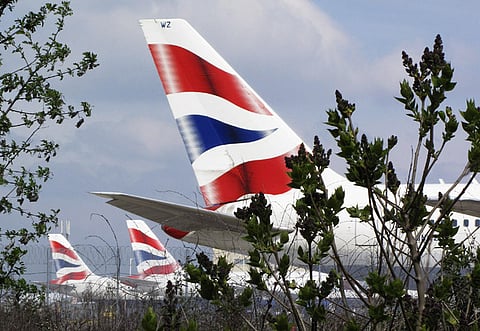 British Airways aircraft are seen parked at Heathrow airport, London.