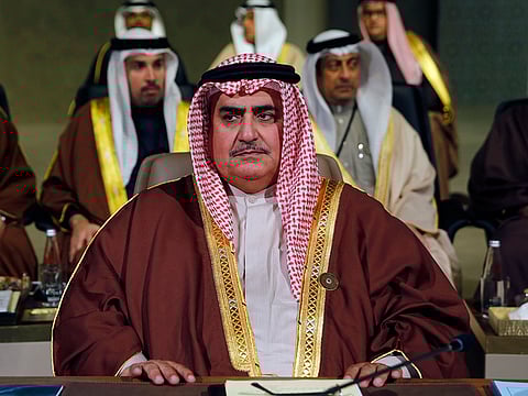 In this Jan. 20, 2019 file photo, Bahrain's foreign minister, Sheikh Khalid bin Ahmed Al Khalifa, attends the Arab Economic and Social Development Summit, in Beirut, Lebanon.