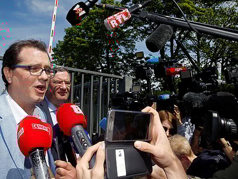Jerome Triomphe and Jean Paillot, the lawyers of parents of French quadriplegic Vincent Lambert, attend a news conference at the Sebastopol Hospital in Reims, France May 21, 2019.