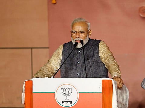 Indian Prime Minister Narendra Modi delivers his speech after the election results in New Delhi, India.