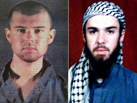 This combination of pictures shows at left a police file photo made available February 6, 2002 of the "American Taliban" John Walker Lindh and at right a February 11, 2002 photograph of him as seen from the records of the Arabia Hassani Kalan Surani Bannu madrassa (religious school) in Pakistan's northwestern city of Bannu.