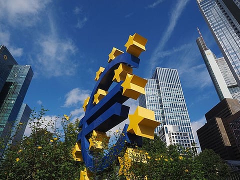 Euro sign at European Central Bank headquarters in Frankfurt, Germany.