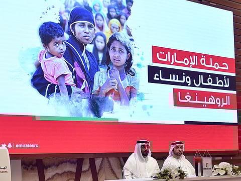 Fahd Abdul Rahman and Mehmoud Abdullah Al Junaibi from Emirates Red Crescent Authority brief the media on the Rohingya humanitarian camapign, in Abu Dhabi.