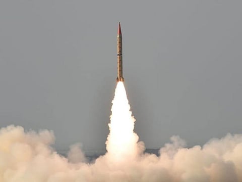 Shaheen II, surface-to-surface ballistic missile, according to Pakistan capable of delivering conventional and nuclear weapons at a range of up to 1500 miles, during a training launch in this handout photo released by Inter Services Public Relations (ISPR) on May 23, 2019.