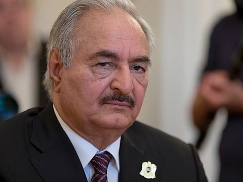 In this Aug. 14, 2017 file photo, Libyan militia commander General Khalifa Haftar meets with Russian Foreign Minister Sergei Lavrov in Moscow, Russia.