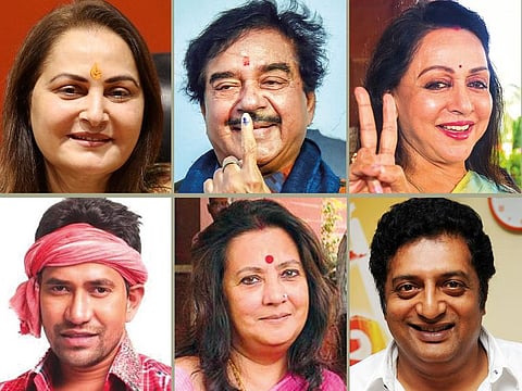 Clockwise from top-left: Jaya Prada, Shatrughan Sinha, Hema Malini, Prakash Raj, Moon Moon Sen and Dinesh Lal Yadav. Gulf News Archives