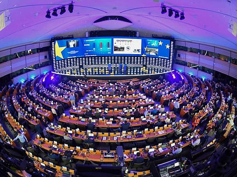 A view of the inside of the European Parliament hemicycle where journalists are attending the European elections results in the European Parliament in Brussels on May 26, 2019.