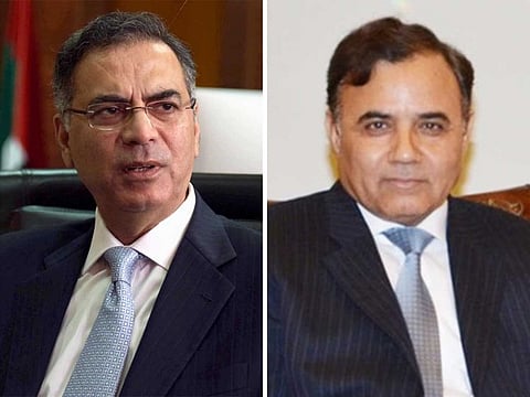 Outgoing Pakistani Ambassador Moazzam Ahmad Khan (left) and Ghulam Dastgir, new Ambassador to the UAE.