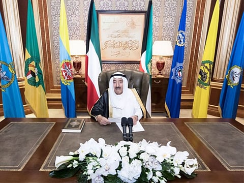 Emir of Kuwait Shaikh Sabah Al-Ahmad Al-Jaber Al-Sabah speaks during his annual speech to mark the last 10 days of the Muslim holy month of Ramadan