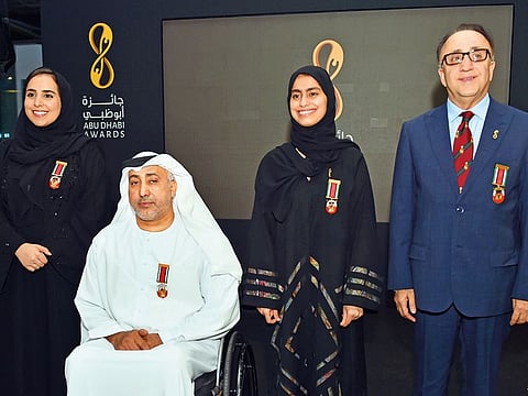 From left: Previous Abu Dhabi Award winners Farah Al Qaissieh, Theban Al Muhairi, Fatima Al Kaabi and Dr Taisser Atrak at the media launch of the Abu Dhabi Awards.