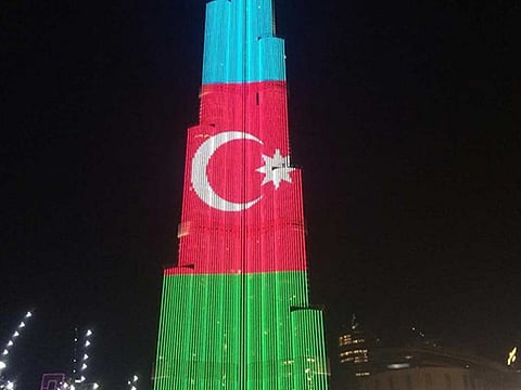 Azerbaijan flag as displayed at Burj Khalifa to mark the country's 101st foundation day